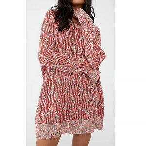 Free People Rainbow Red Retro Crochet Cable Knit Relaxed Long Sleeve Sweater M